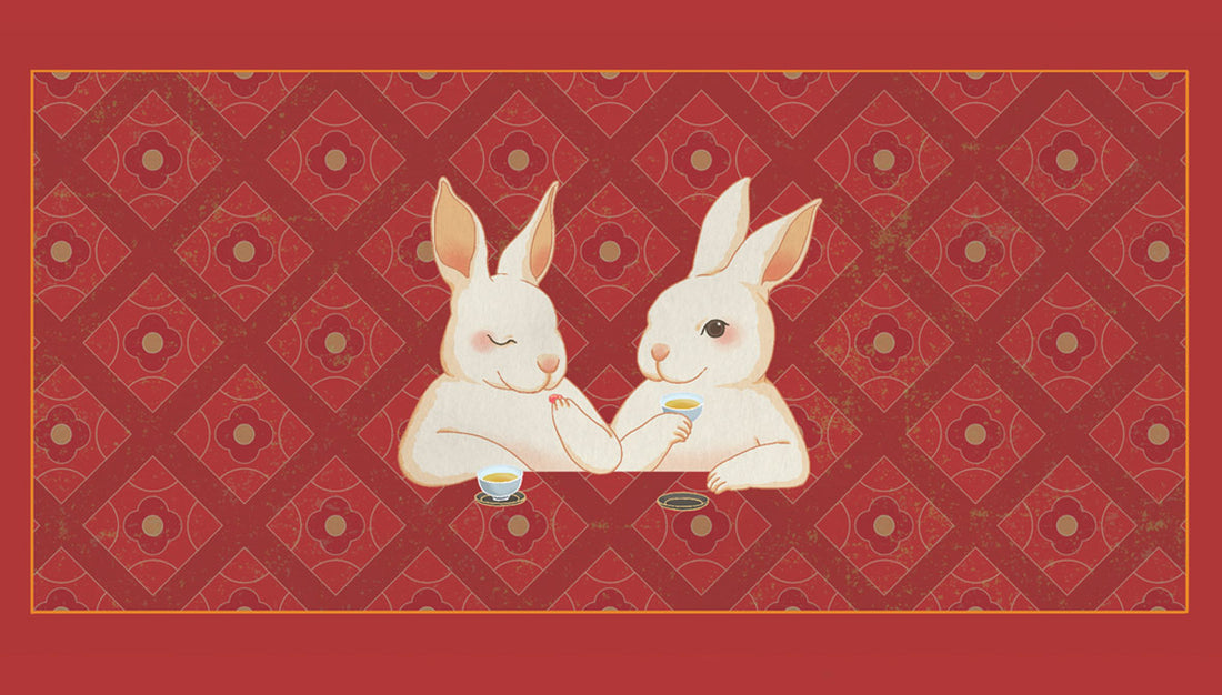 Illustration of two rabbits enjoying tea together.