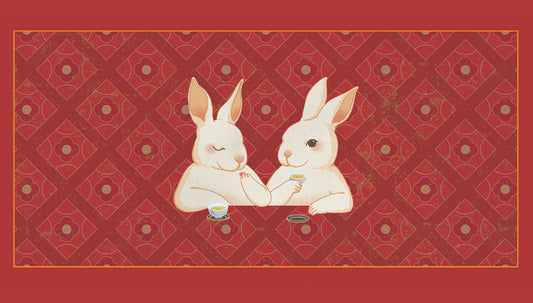 Illustration of two rabbits enjoying tea together.