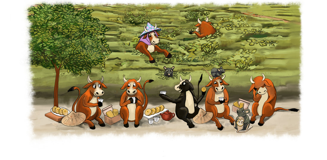 Illustration of cows drinking tea with pastries and tea field.
