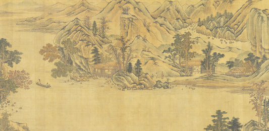 Traditional Chinese landscape painting with mountains and river.