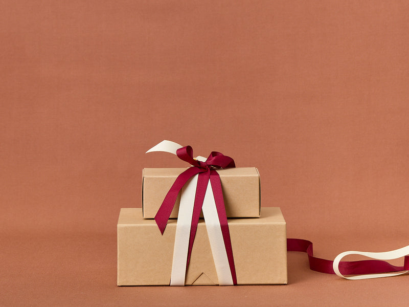 Two brown gift boxes with red and white ribbons on a brown background