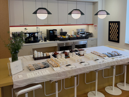 Office kitchen setup with tea and snack catering for business event.