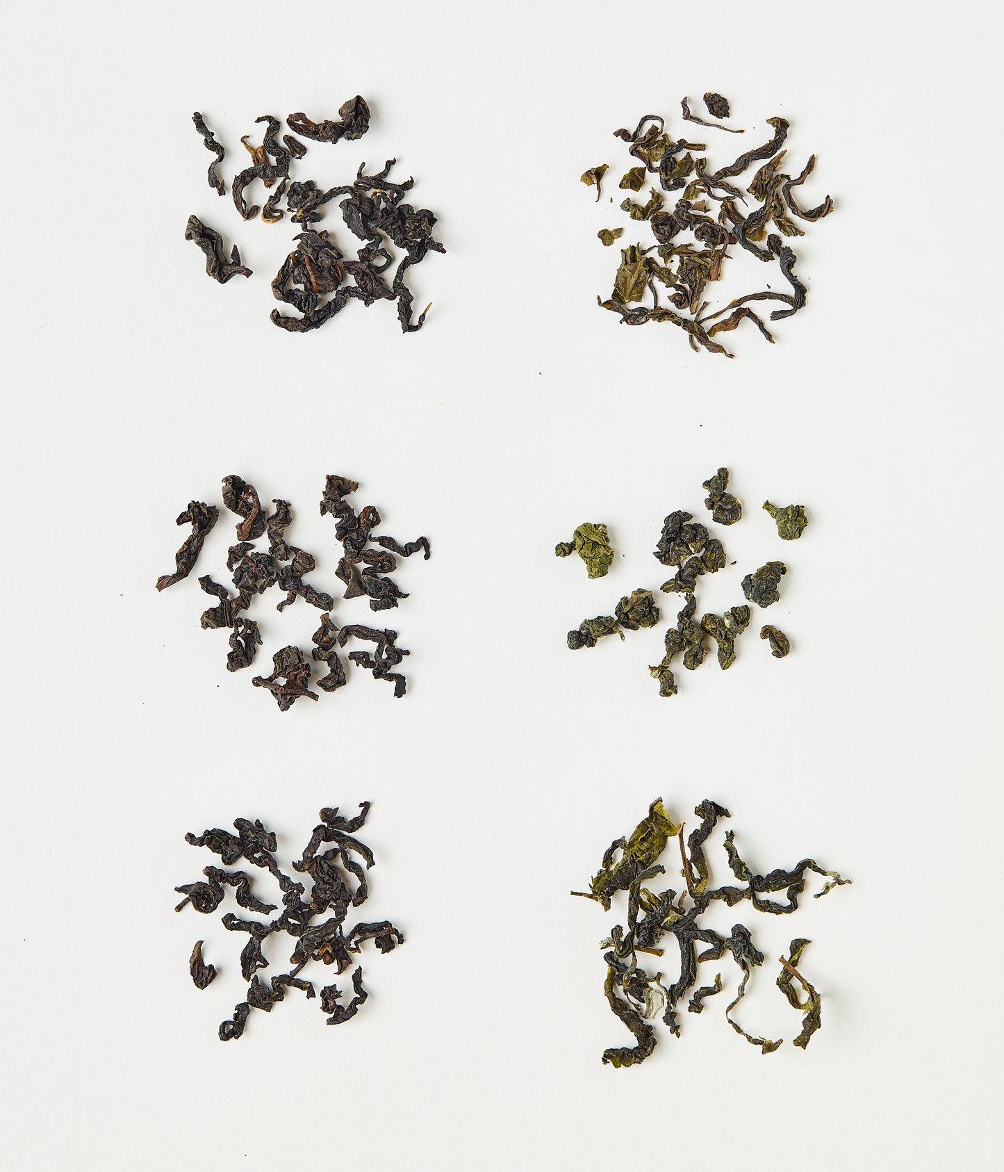Different types of dried oolong tea leaves arranged on white background