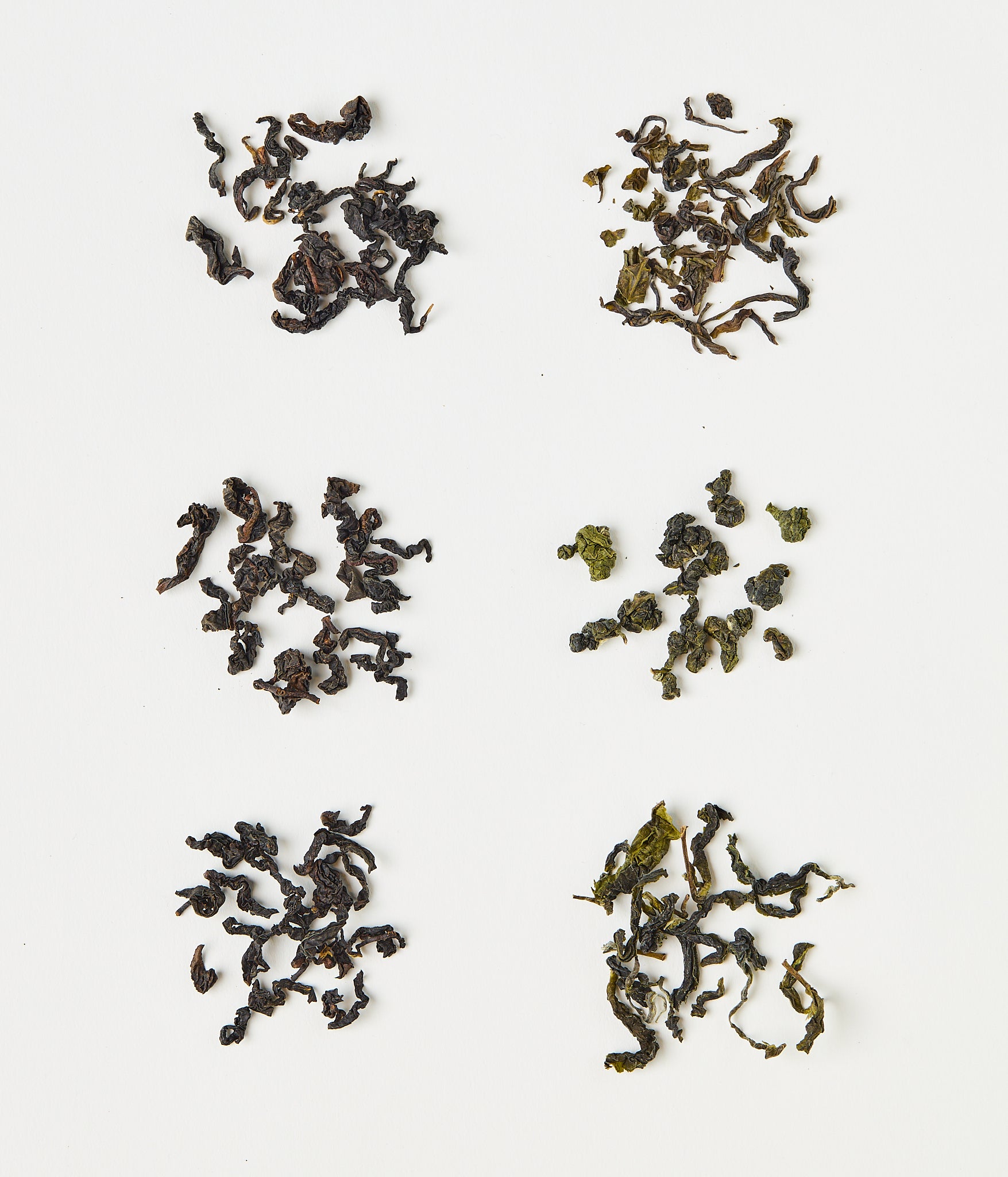 Different types of dried oolong tea leaves arranged on white background