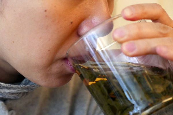 Person sipping tea from a glass cup with floating leaves.