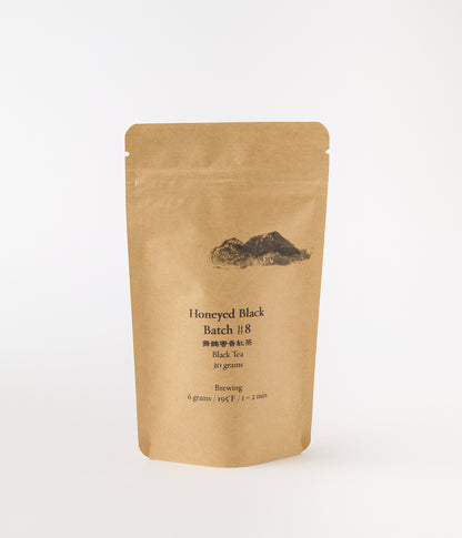 Honeyed Black Batch 8 black tea packaging with brewing details on kraft bag