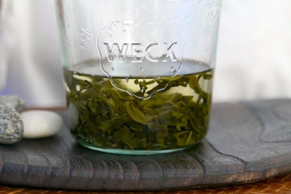 Steeped tea leaves expanded inside a glass jar.