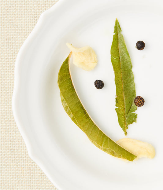 Steeped lemon verbena leaves, ginger, and maqaw peppercorns on a white plate.