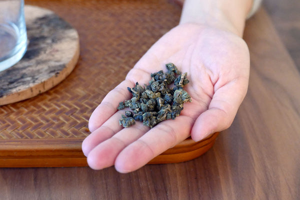 A hand holding loose leaf tea.