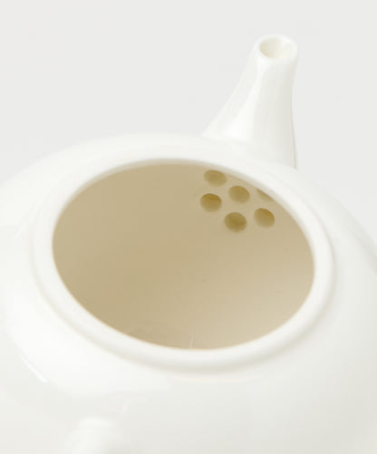 Close-up of the teapot’s interior, showing a built-in strainer with multiple small holes near the spout.