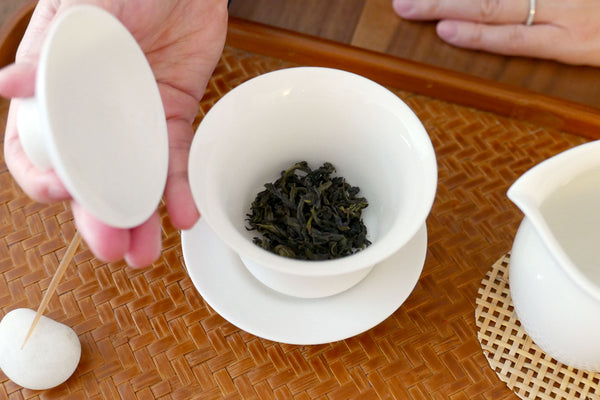 Tea leaves inside a gaiwan.