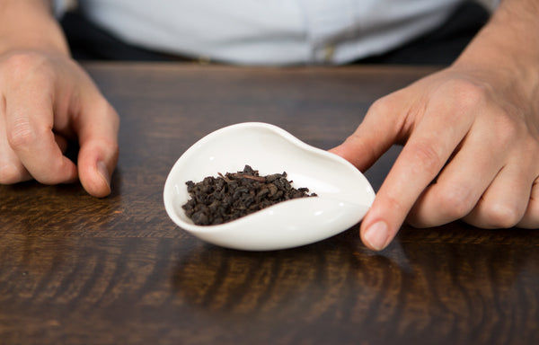 Hands holding a dish with loose oolong tea leaves on a wooden table.
