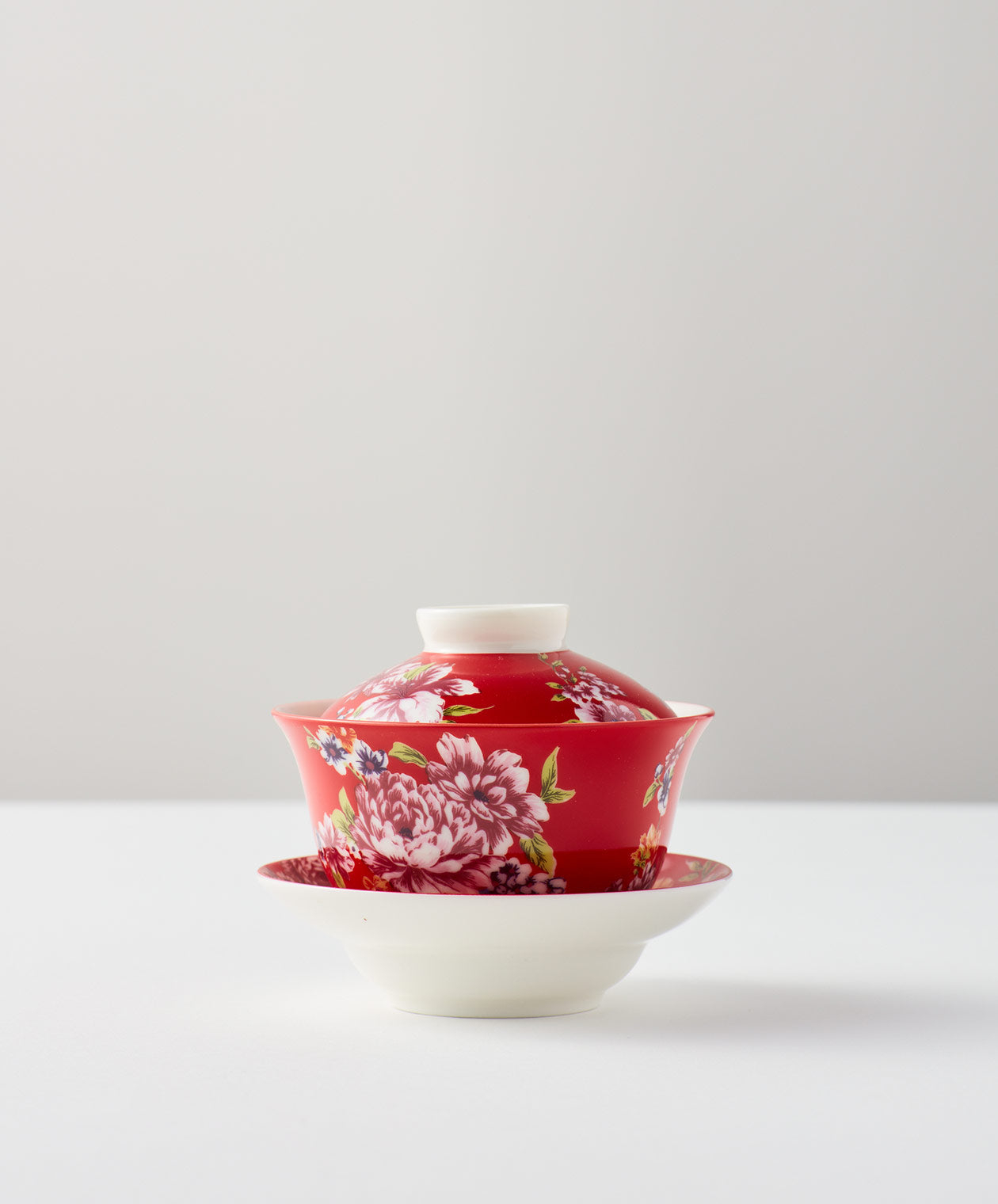 Red floral gaiwan with lid and saucer