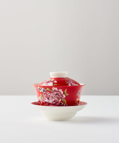 Red floral gaiwan with lid and saucer