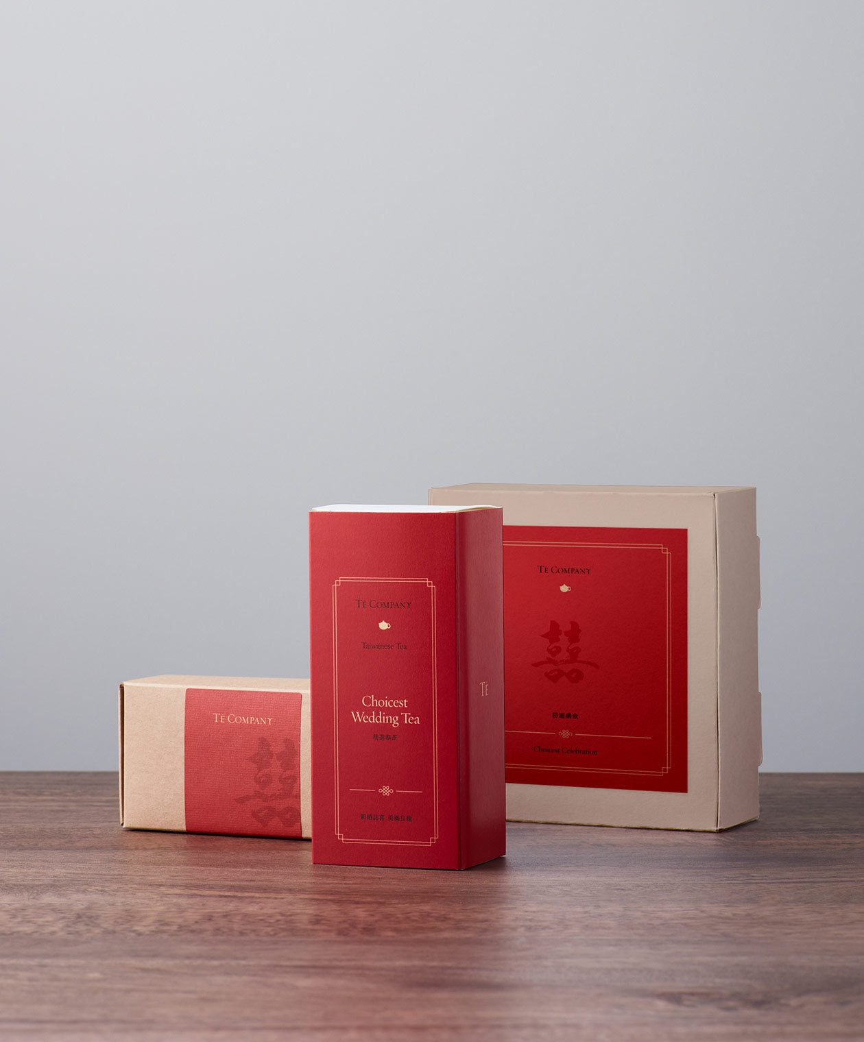 Red ‘Choicest Wedding Tea’ box with other packaging by Té Company